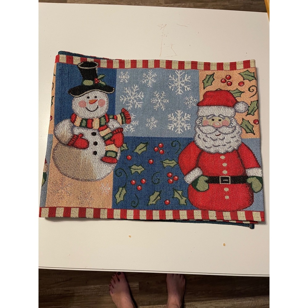 Big Lots Table Runner 13x18 Blue Excellent Christmas Santa Snowman Tapestry